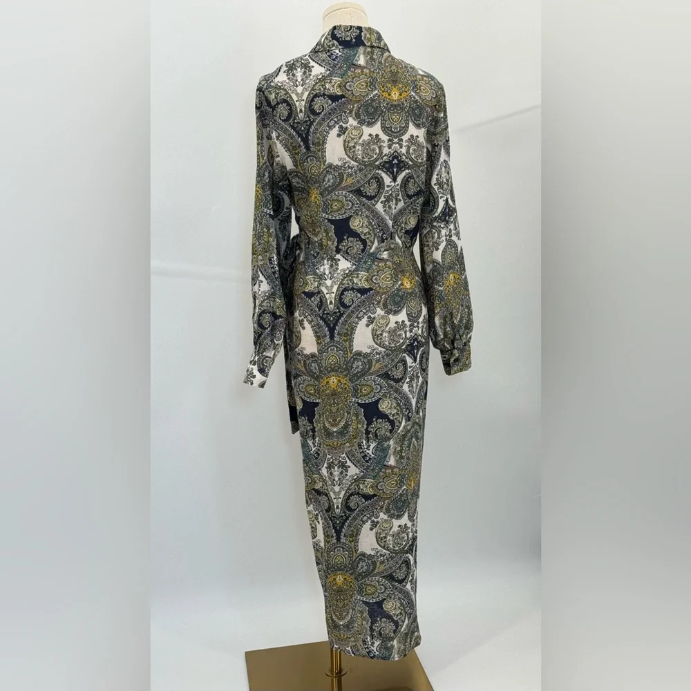 Magaschoni Sophisticated Paisley Belted Wrap Dress – Navy Gold Long Sleeve Midi - Picture 4 of 17